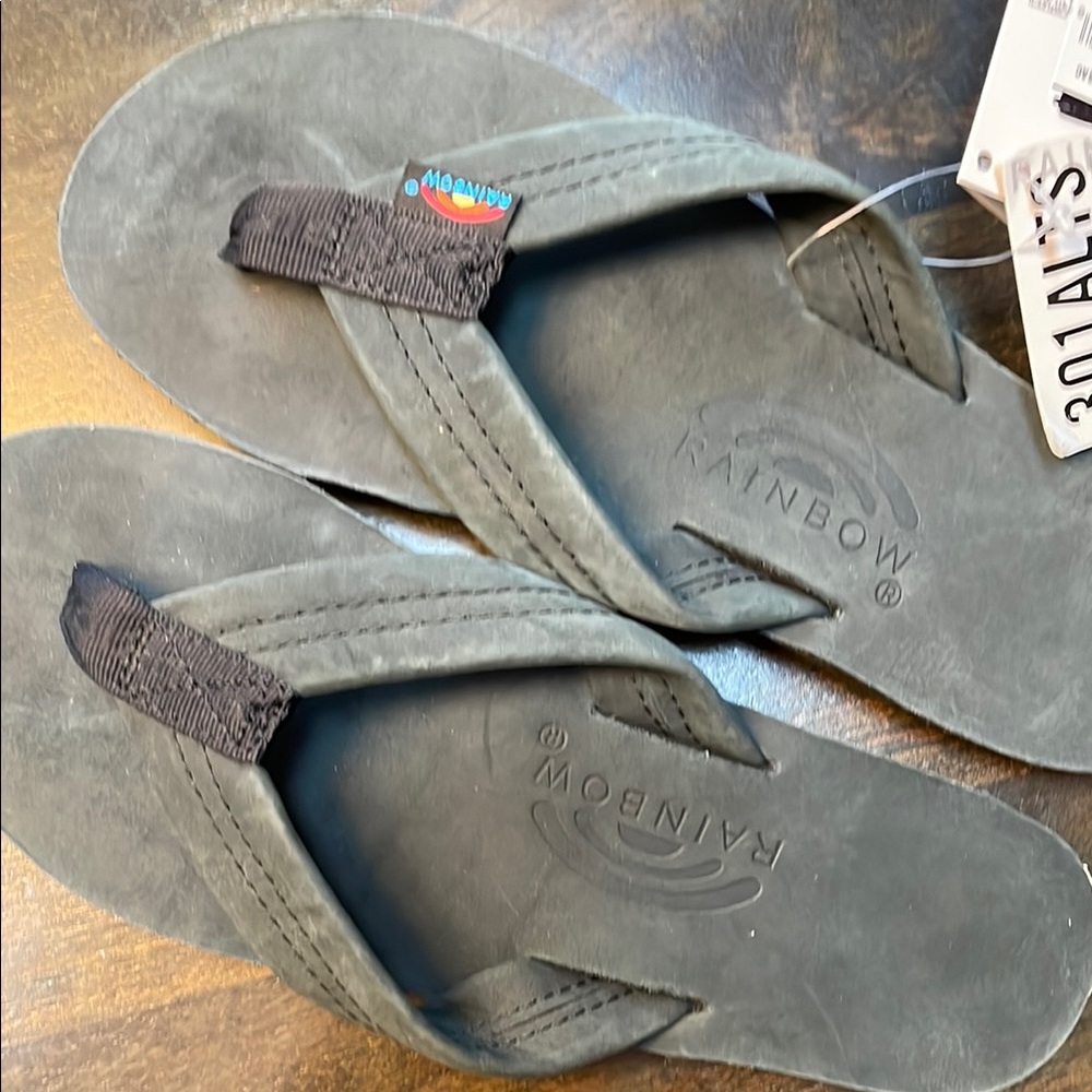 Rainbow wide strap leather flip flops-color is black